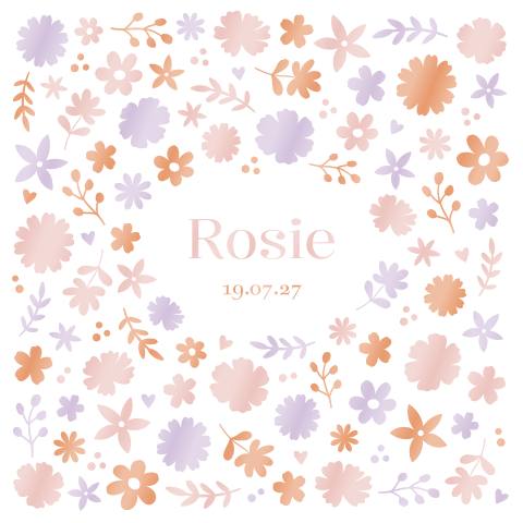 Geboortekaartje meisje bloemen kleur paars roze oranje