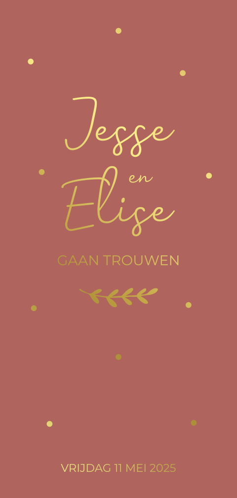 Trouwkaart roest rood met goudfolie takjes en stipjes