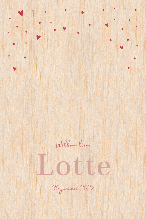 Geboortekaartje meisje hout hartjes regen roze minimalistisch