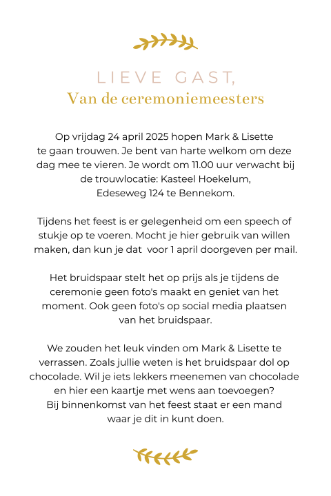 Ceremoniemeester kaart takjes roze goud