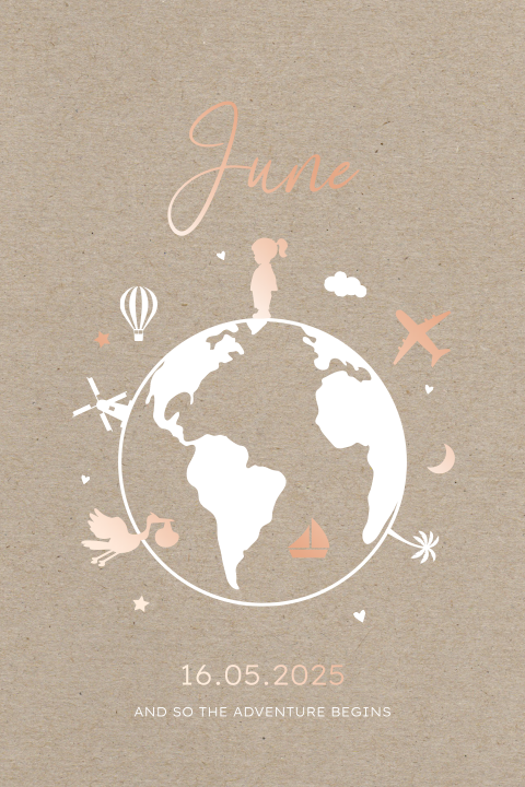 Geboortekaartje meisje paspoort kraftlook wereldbol & rosefolie