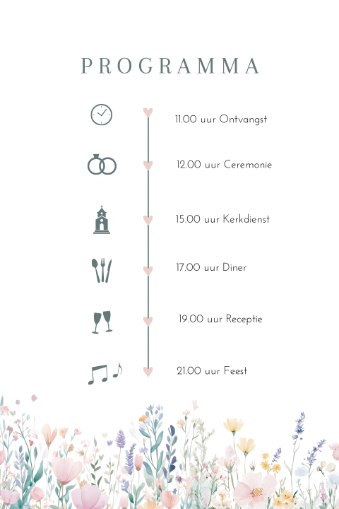 Dagprogramma trouwkaart romantisch bloemen