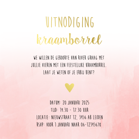 Kraamfeest uitnodiging kaartje vierkant met goudfolie