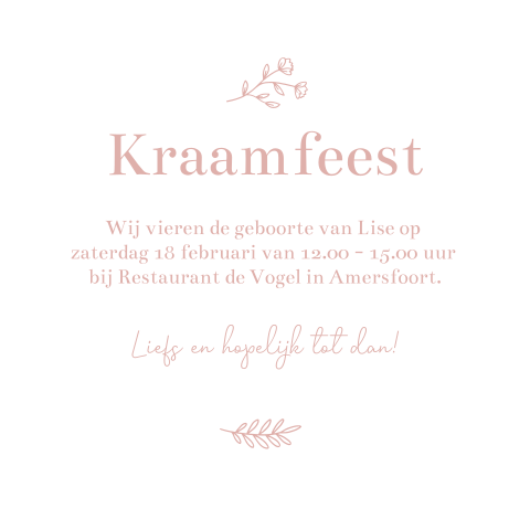 Kraamfeest uitnodiging Lise wit oudroze takje