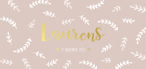 Geboortekaartje botanisch met blaadjes en goudfolie neutraal