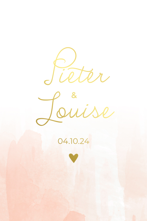 Trouwkaart peach watercolor met goudfolie