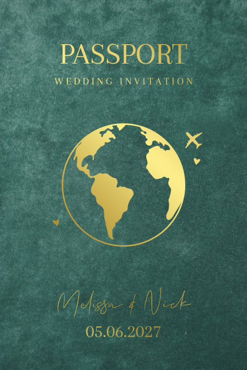 Trouwkaart paspoort reizen bruiloft groen velvet goudfolie