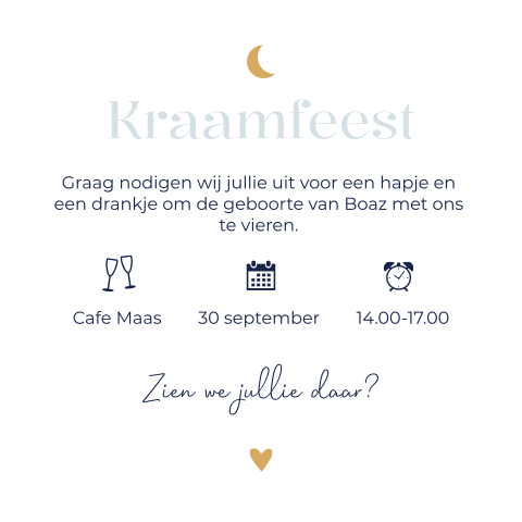 Kraamfeest uitnodiging Boaz wit blauw maan