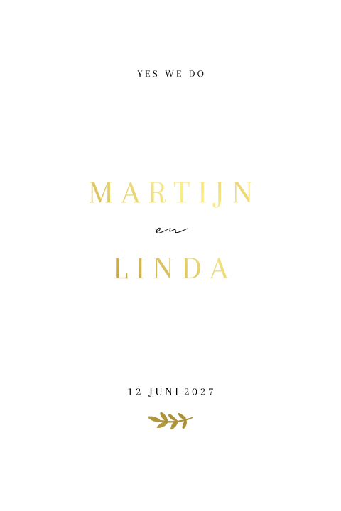 Trouwkaart klassiek wit goudfolie takje