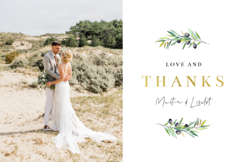 Bedankkaart bruiloft olijftakje goudfolie foto