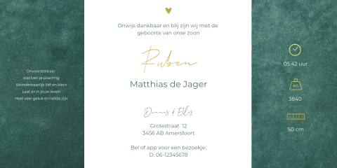 Geboortekaartje luikvouw groen velvet goudfolie