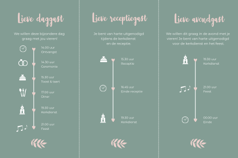 DIY trouwprogramma gasten met tijdlijn en iconen - 3 stuks