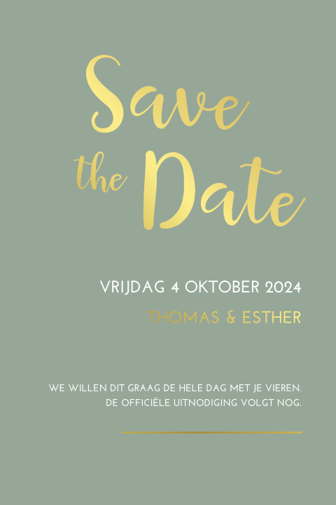 Save the Date kaart olijfgroen met sierlijke goudfolie letters