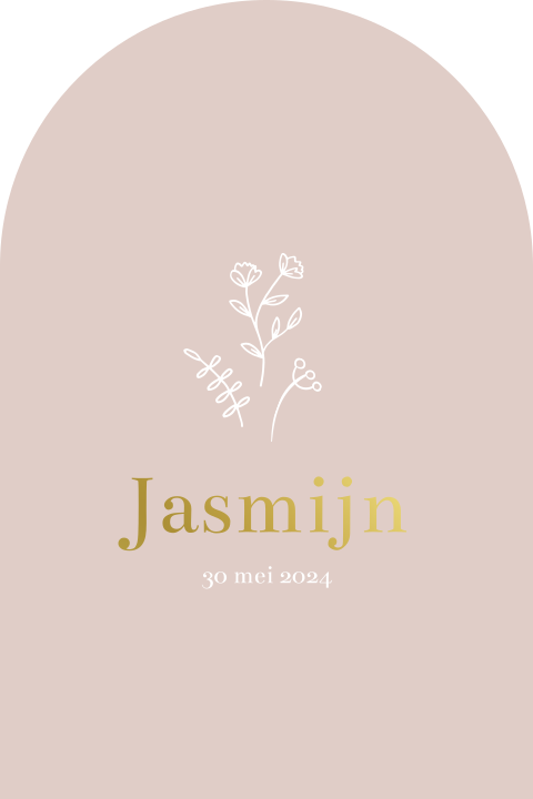 Geboortekaartje meisje boogvorm met bloemen en goudfolie