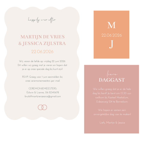 Trouwkaart golfvorm pakketje modern roze oranje