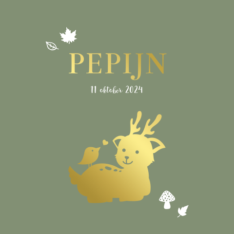 Olijfgroen geboortekaartje jongen goudfolie herfst hertje vogel