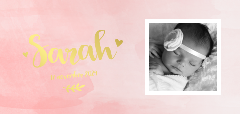 Geboortekaartje meisje roze watercolor met goudfolie en foto