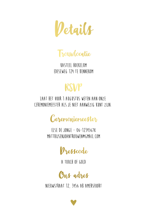 Details extra informatie kaart met goudfolie