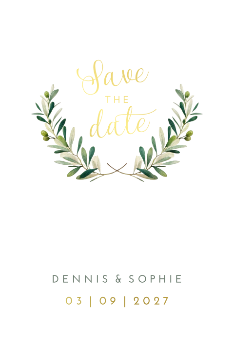 Save the date kaart krans olijftakjes