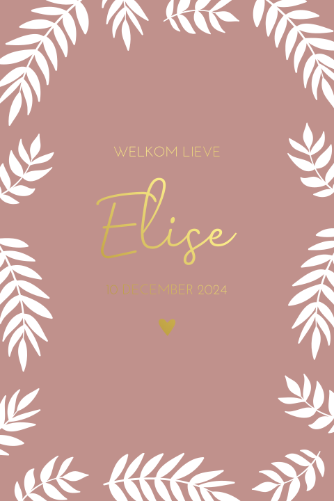 Geboortekaartje meisje oudroze bladeren met goudfolie