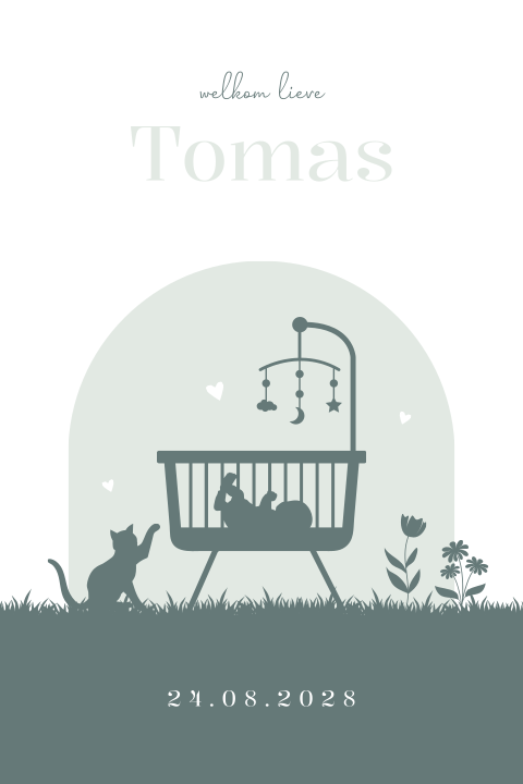 Geboortekaartje jongen wiegje silhouet dieren