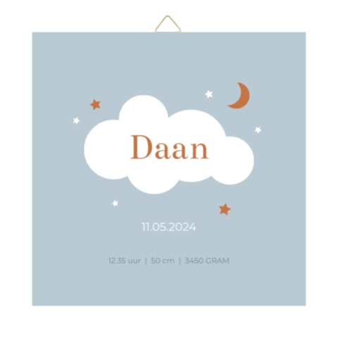 Tegeltje geboortekaartje Daan lichtblauw wolk