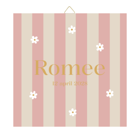 Tegeltje geboortekaartje Romee streepjes bloemen