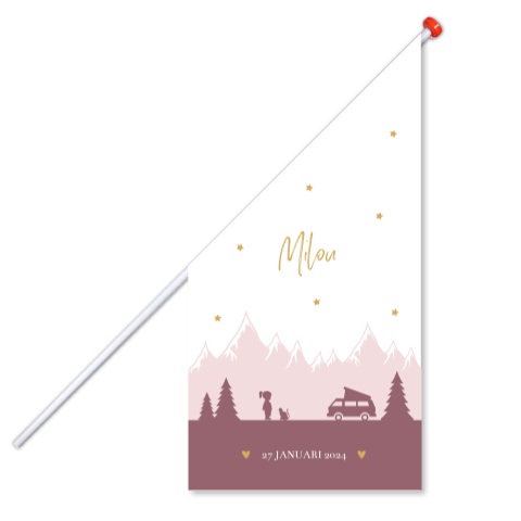 Geboortevlag klein geboortekaartje Milou roze bergen sterren
