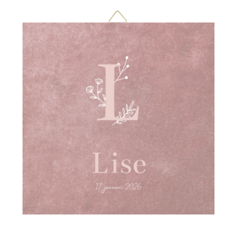 Tegeltje geboortekaartje Lise roze velvet letter