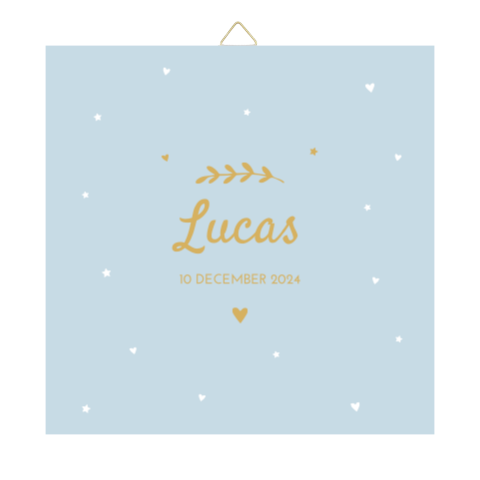 Tegeltje geboortekaartje Lucas blauw hartjes