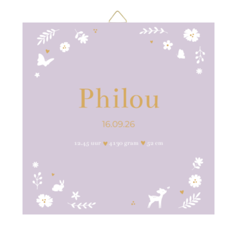 Tegeltje geboortekaartje Philou lila bloemen dieren