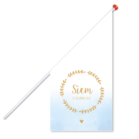 Geboortevlag klein geboortekaartje Siem blauw watercolor olijftakjes