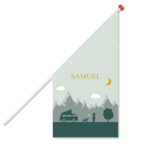 Geboortevlag klein geboortekaartje Samuel groen bergen camper sterren
