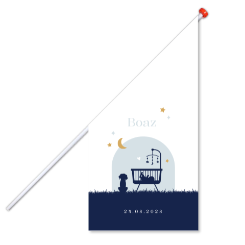 Geboortevlag klein geboortekaartje Boaz blauw wiegje hond