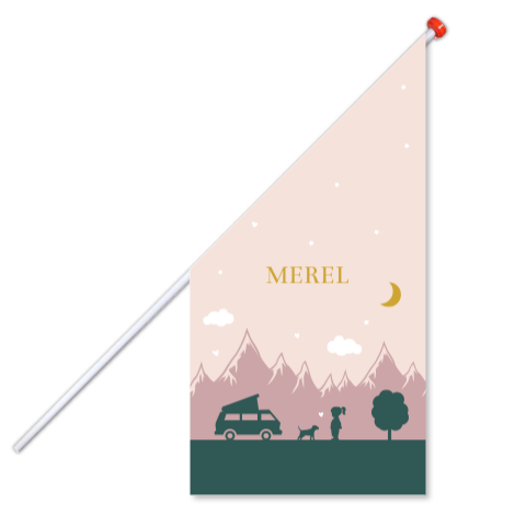 Geboortevlag klein geboortekaartje Merel roze bergen camper sterren