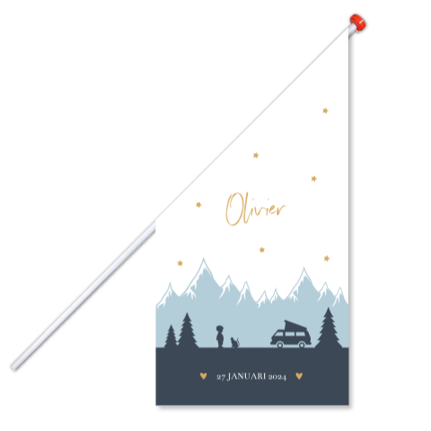 Geboortevlag klein geboortekaartje Olivier blauw bergen camper sterren