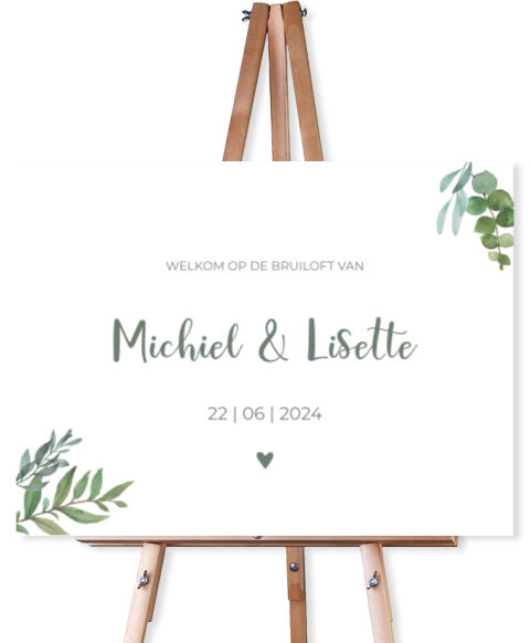 Welkomstbord bruiloft botanisch groen takjes