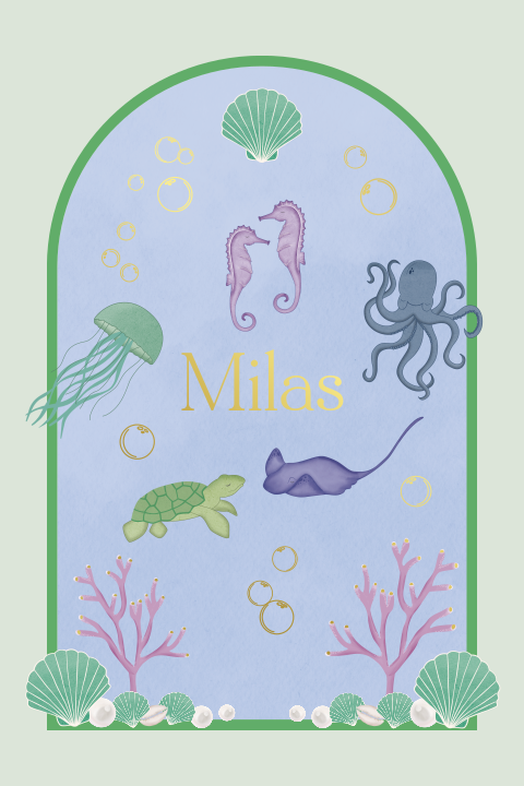Geboortekaartje met zeedieren, schelpen en parels blauw groen