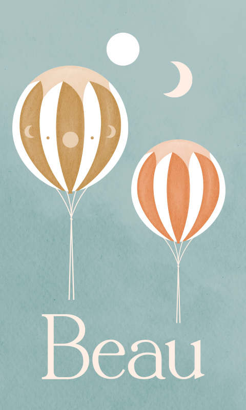 Label luchtballonnen Blauw Bruin met naam 