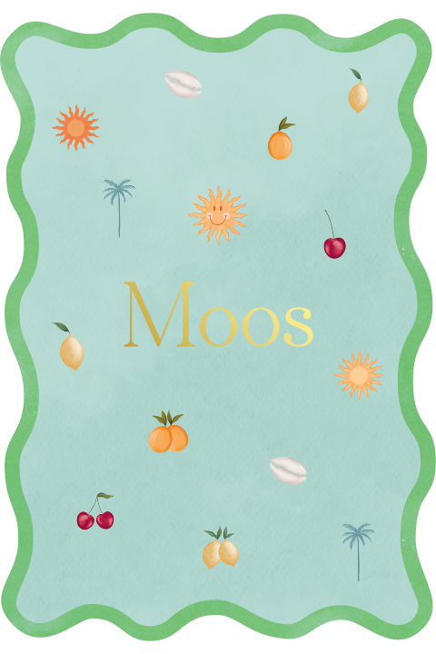 Zomers Geboortekaartje Golfvorm Zon Palmboom Fruit Schelp Groen Blauw