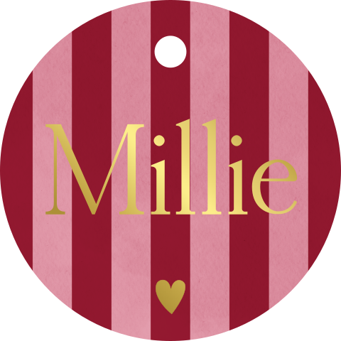Label Rond Roze Bordeaux Strepen Naam en Hartje in Goudfolie