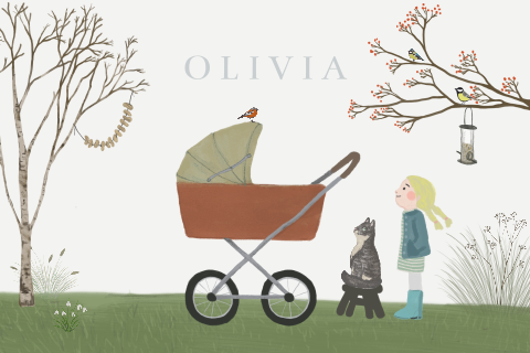 Geboortekaartje kinderwagen zusje winter kat