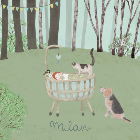 Poster Bos lente met beagle en kat