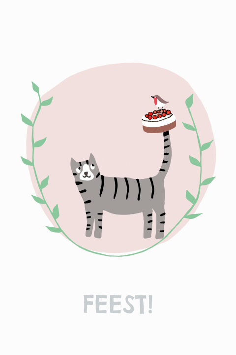 Kraamfeest kaart poes kersentaart oud roze