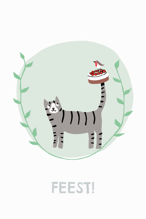 Kraamfeest kaart poes kersentaart grijsblauw