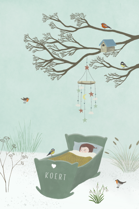 Geboortekaartje ledikant vogels sneeuw winter