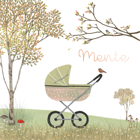 Geboortekaartje Vintage kinderwagen roze  herfst
