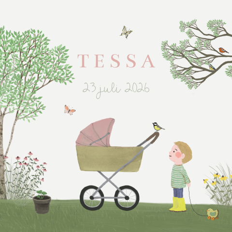 Poster Kinderwagen zusje vlinders zomer