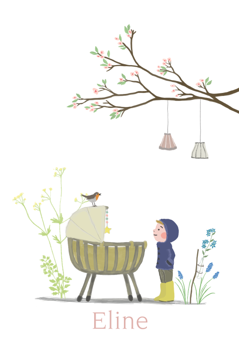 Poster rotan wiegje bloesemtak broer lentebloemen