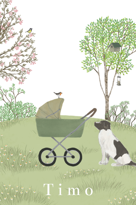 Geboortekaartje kinderwagen kamilleweide labrador lente